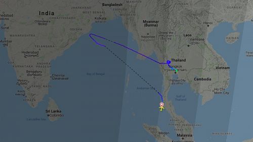 Рейс TG926 с Пхукета во Франкфурт был отменен 27 февраля. Самолет развернулся над Индийским океаном. Фото: FlightRadar24
