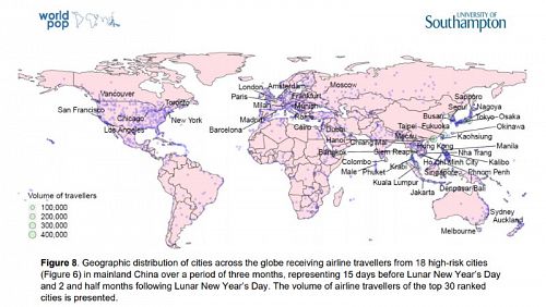 Бангкок возглавил список городов вне Китая с максимальным риском распространения коронавируса. Фото: WorldPop / University of Southampton