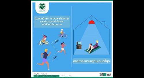 Минздрав рекомендует заниматься спортом дома, а при пробежках и велопрогулках на улице соблюдать меры социального дистанцирования. Фото: Минздрав Таиланда