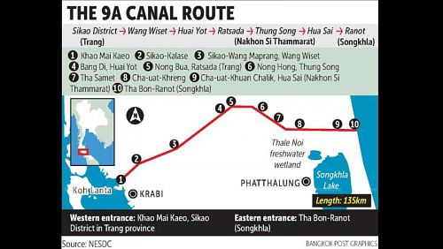 Канал из Сиамского залива в Андаманское море предлагается проложить по так называемому маршруту 9А протяженностью 135 км. Иллюстрация: Bangkok Post
