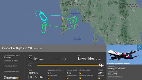 Сделав несколько кругов над морем к западу и востоку от Пхукета, самолет Azur Air сел в аэропорту вылета. Изображение: FlightRadar24