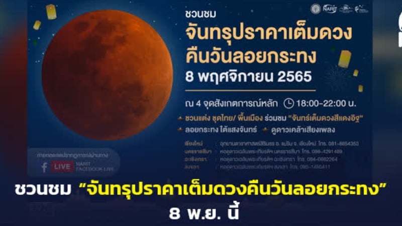 Лунное затмение можно будет наблюдать в Таиланде 8 ноября. Изображение: NNT