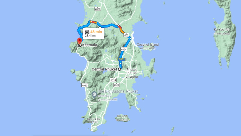 Предлагаемый Google Maps маршрут поездки от Central Phuket до Keemala по состоянию на 2 декабря. Фото: Google Maps