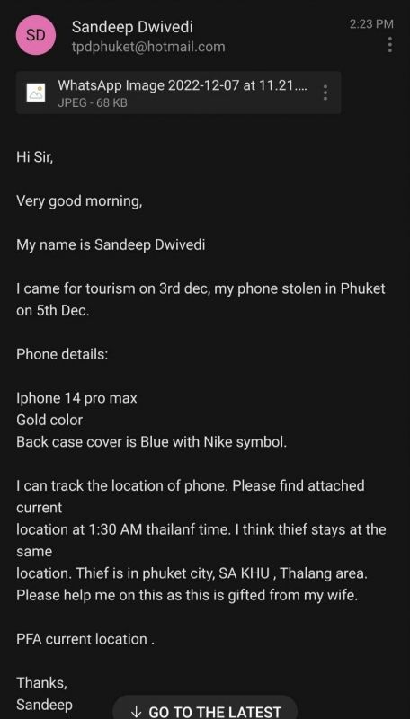 Опубликованное полицией сообщение от потерявшего iPhone туриста. Фото: Phuket Tourist Police