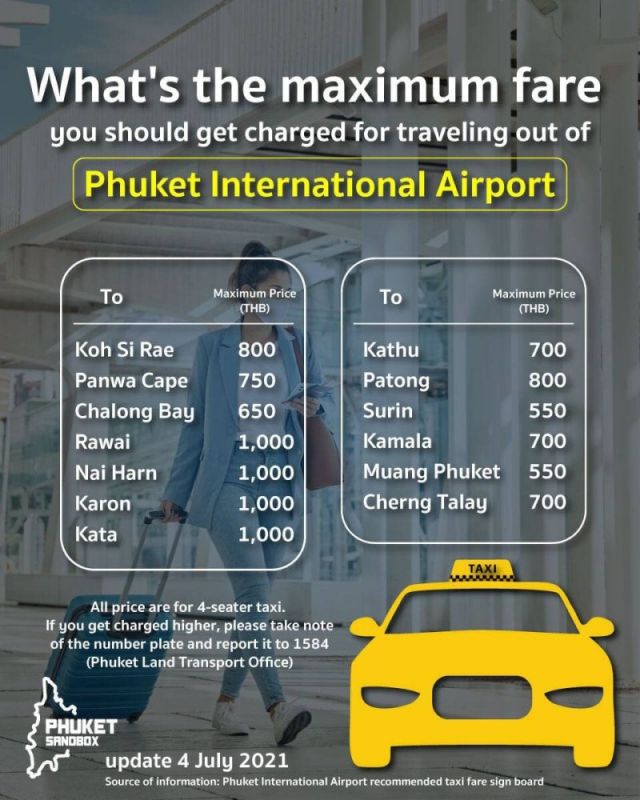 Стоимость поездок из аэропорта в разные части Пхукета. Фото: Phuket Tourist Police