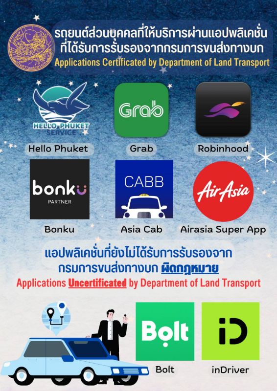 Перечень легальных сервисов по заказу такси в Таиланде. Фото: DLT
