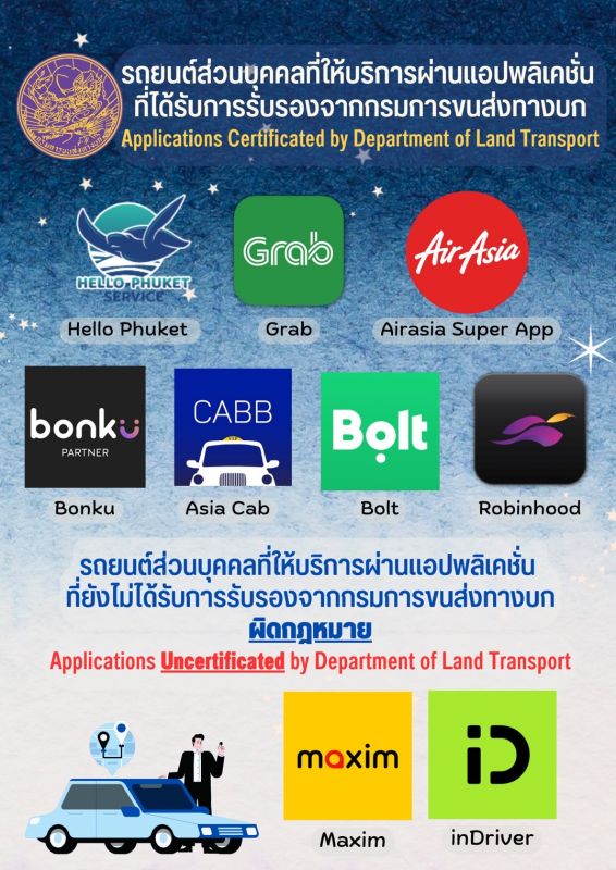 Новый список приложений, одобренных приложений для заказа такси, опубликованного Phuket Info Center. Фото: Phuket Info Center